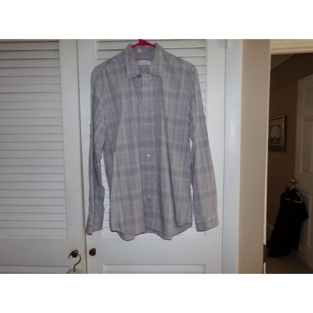 Calvin Klein 100% cotton gray‎ plaid shirt M Perfect